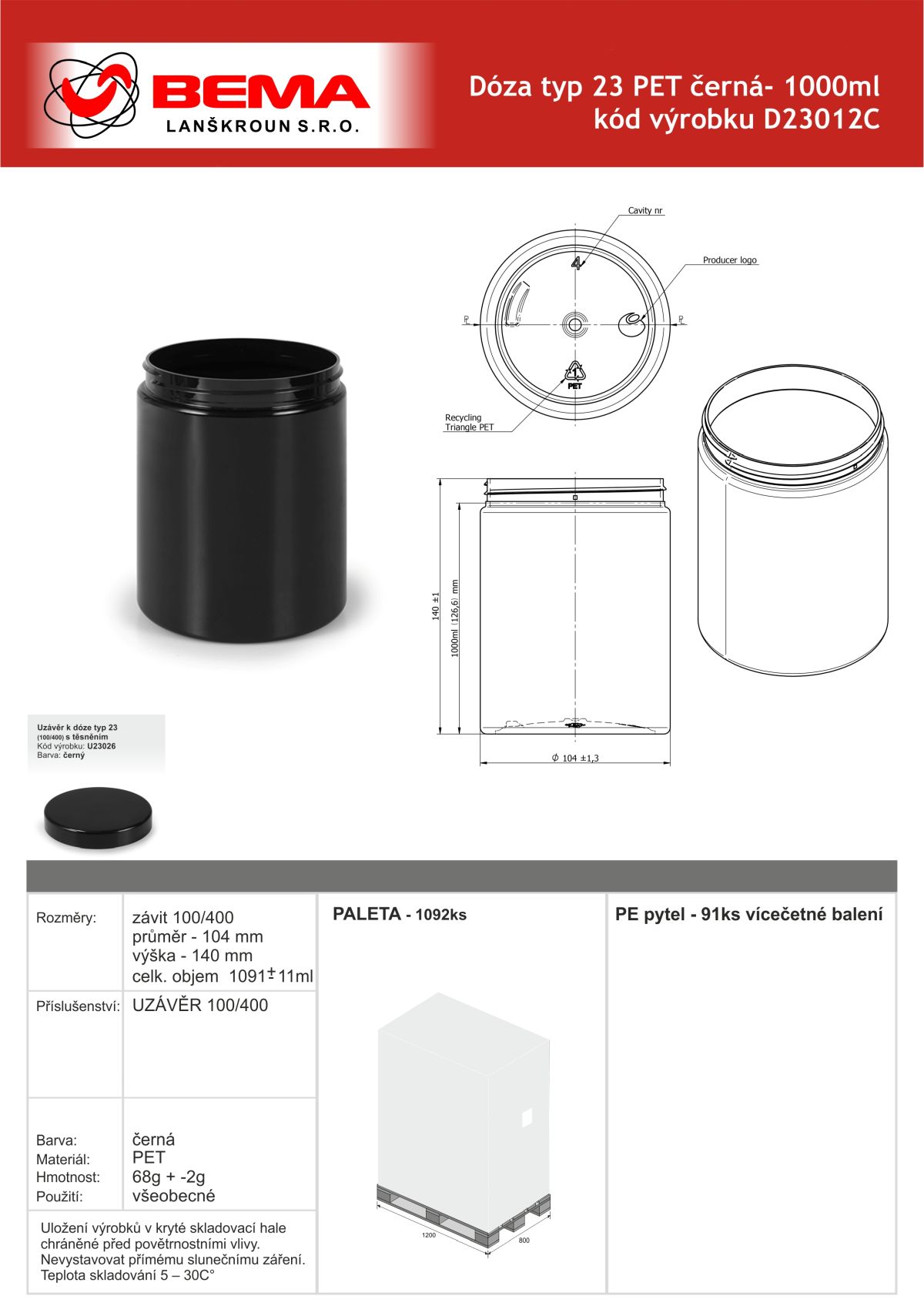 D23012C Doza PET 1000ml černá 100-400 24-6-2026